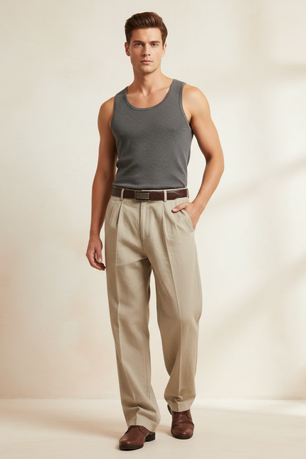 Pantalon Baggy Beige Plissé Ample Coton Homme