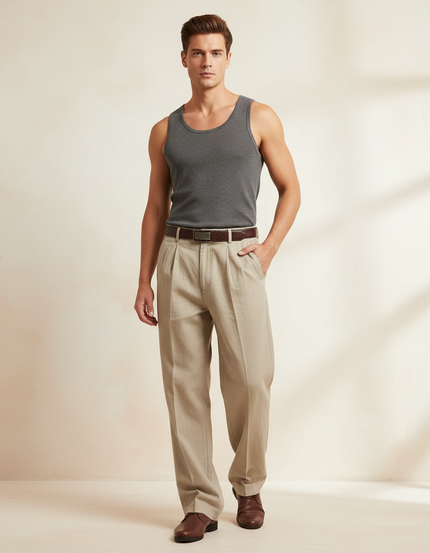 Pantalon Baggy Beige Plissé Ample Coton Homme