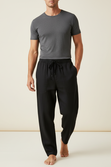 Pantalon Baggy Noir Lin Ample Décontracté Cordon