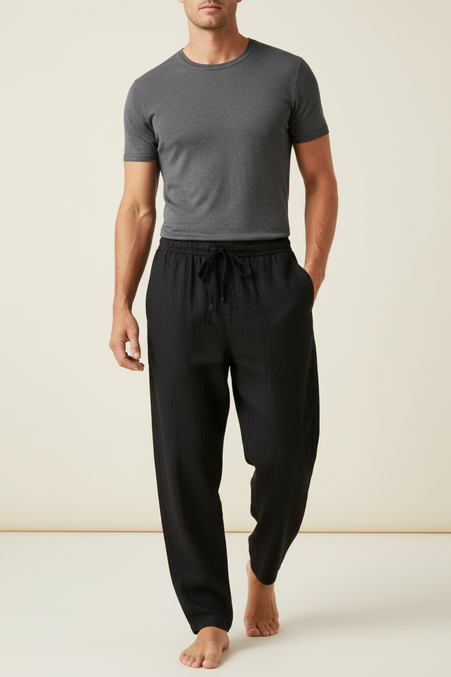 Pantalon Baggy Noir Lin Ample Décontracté Cordon