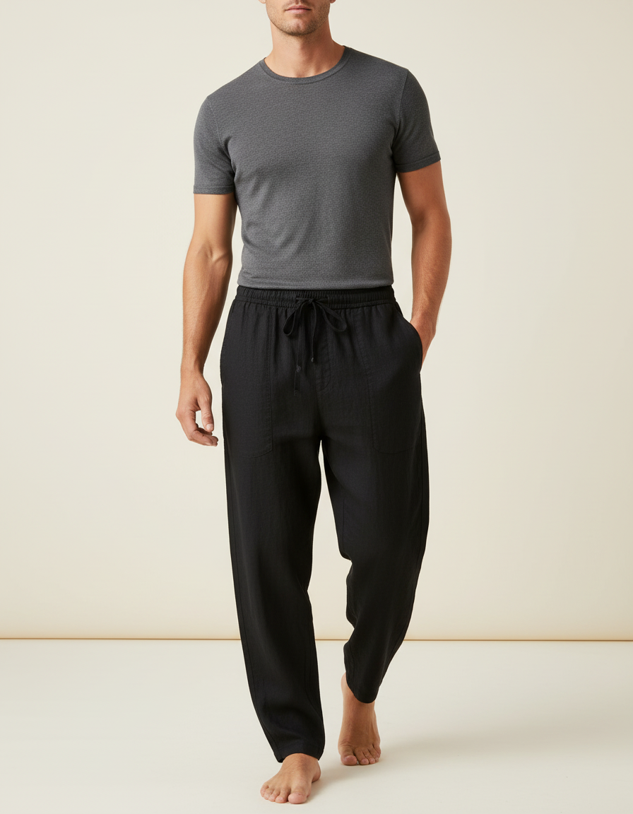 Pantalon Baggy Noir Lin Ample Décontracté Cordon