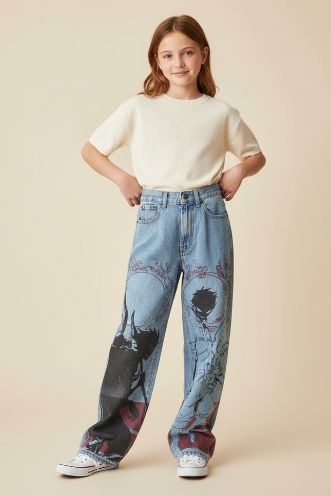 Pantalon Baggy Denim Imprimé Manga Unisexe Décontracté - Bleu Jean