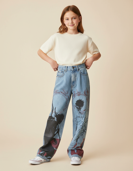 Pantalon Baggy Denim Imprimé Manga Unisexe Décontracté - Bleu Jean