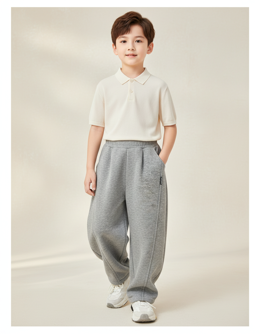 Pantalon Baggy Gris Coton Molletonné Ample Décontracté Enfant