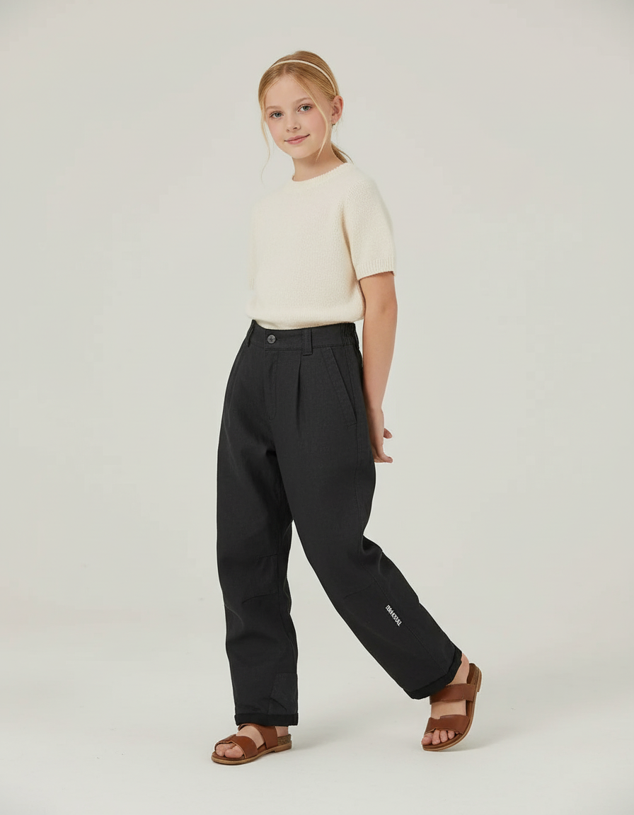 Pantalon Baggy Noir Plissé Décontracté Fille - Gabardine