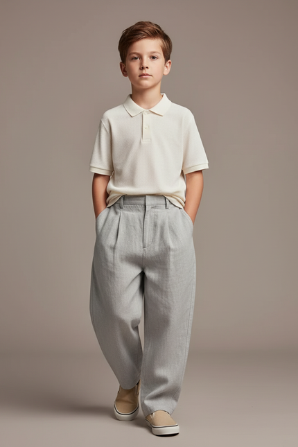 Pantalon Baggy Gris Clair Plissé Ample Garçon Décontracté - Lin