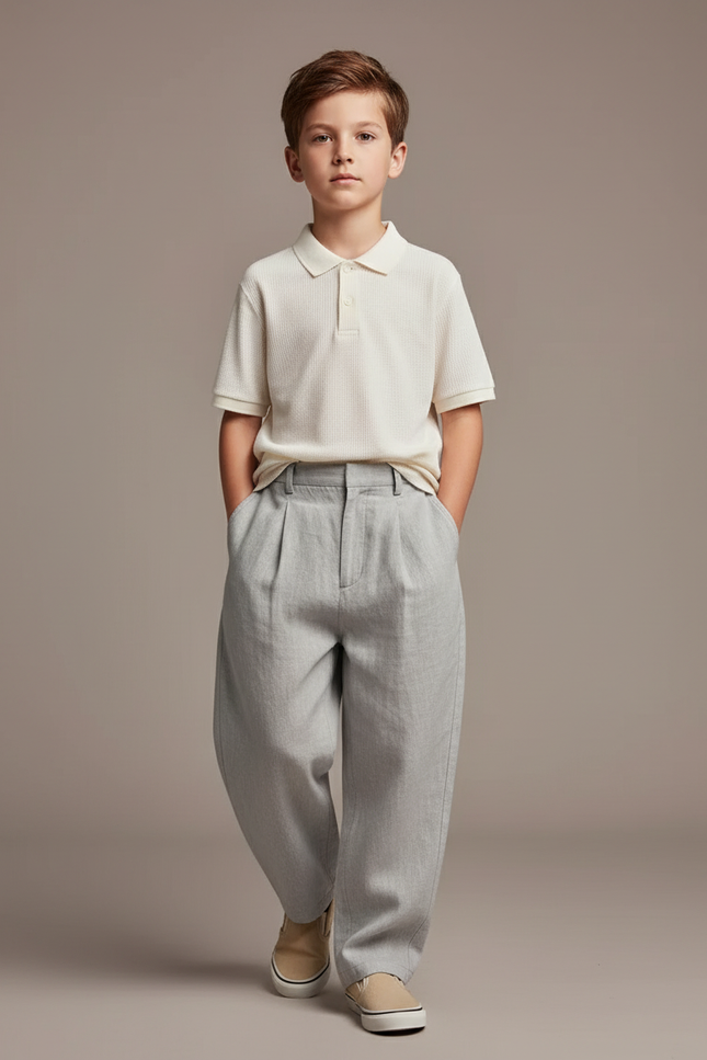 Pantalon Baggy Gris Clair Plissé Ample Garçon Décontracté - Lin