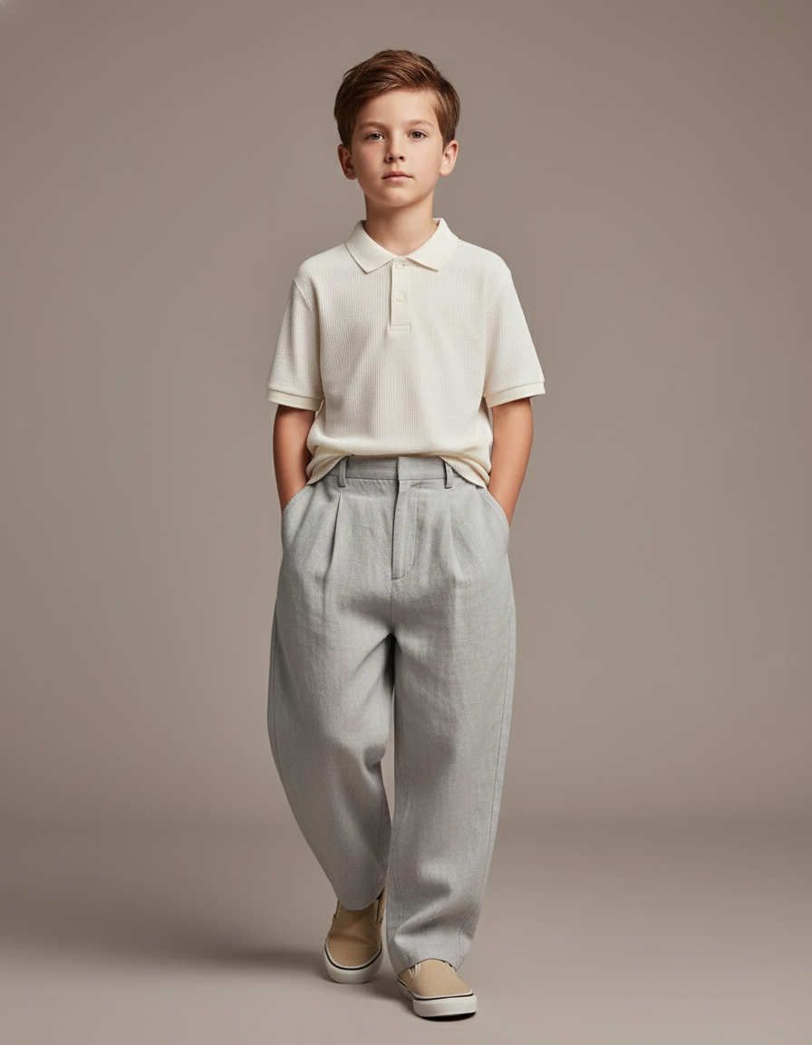 Pantalon Baggy Gris Clair Plissé Ample Garçon Décontracté - Lin