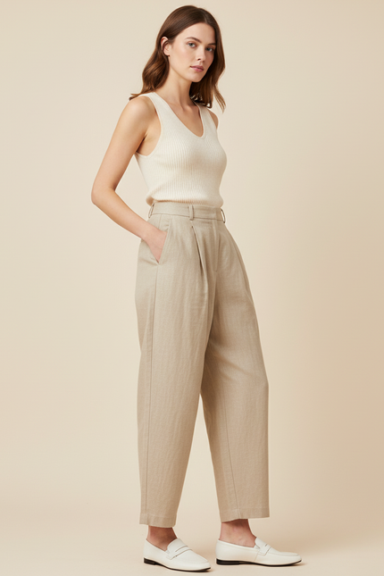 Pantalon Baggy Beige Lin Plissé Taille Haute Ample