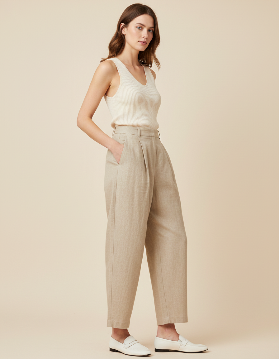 Pantalon Baggy Beige Lin Plissé Taille Haute Ample