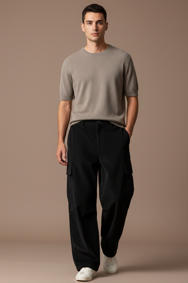 Pantalon Baggy Noir Côtelé Cargo Ample Homme - Cordé