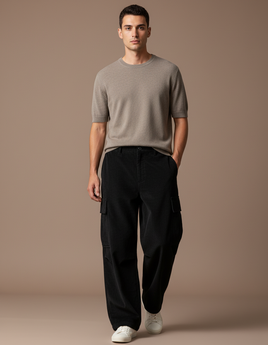 Pantalon Baggy Noir Côtelé Cargo Ample Homme - Cordé