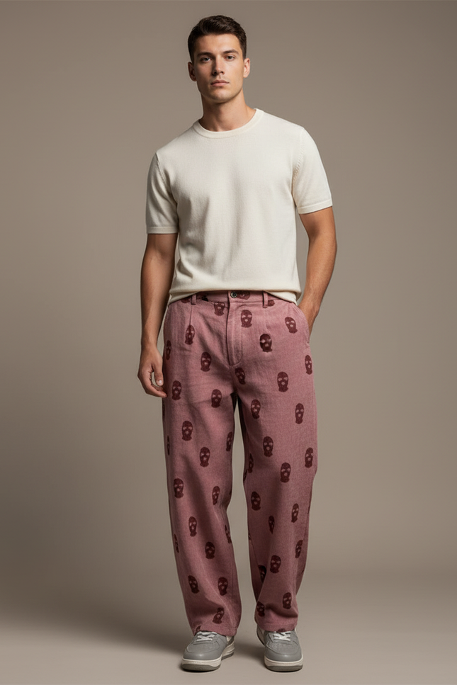 Pantalon Baggy Rose Crânes Imprimés Ample Décontracté Homme - Toile