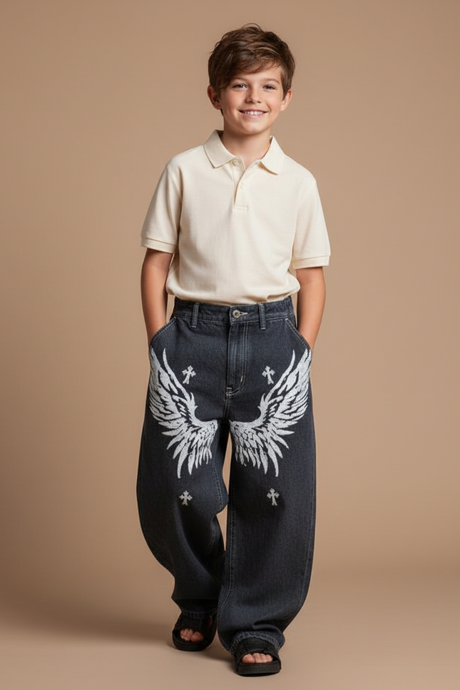 Pantalon Baggy Gris Délavé Ample Ailes Croix - Jean
