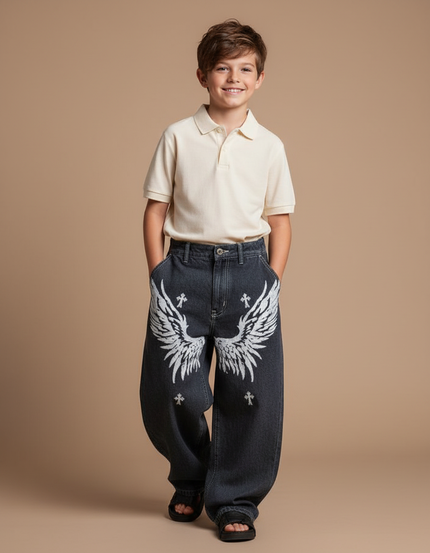 Pantalon Baggy Gris Délavé Ample Ailes Croix - Jean
