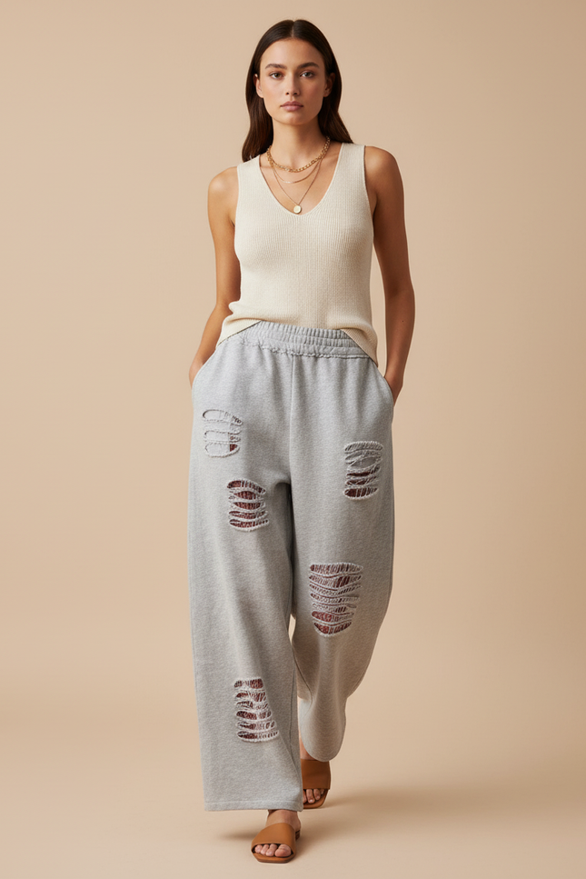 Pantalon Baggy Gris Déchiré Casual Ample Confortable - Molleton