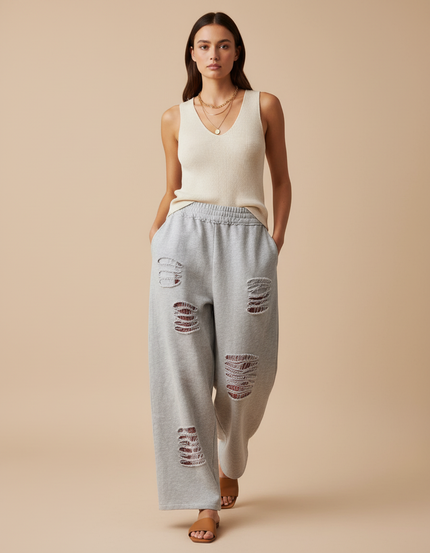 Pantalon Baggy Gris Déchiré Casual Ample Confortable - Molleton