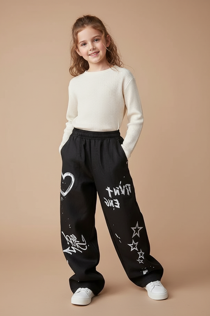 Pantalon Baggy Noir Ample Graffiti Streetwear Enfant Fille - Toile