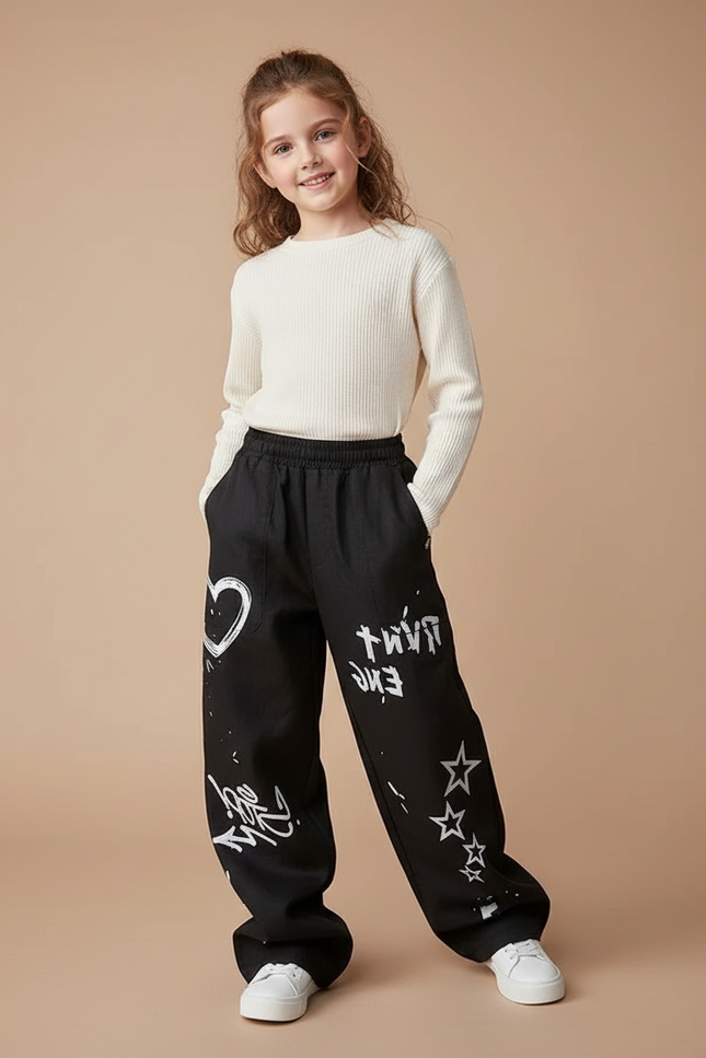 Pantalon Baggy Noir Ample Graffiti Streetwear Enfant Fille - Toile