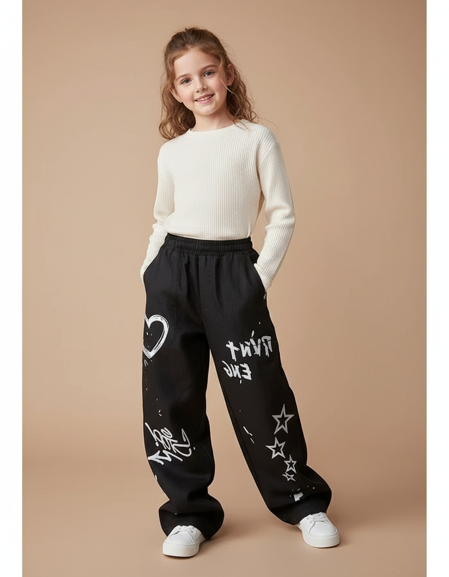 Pantalon Baggy Noir Ample Graffiti Streetwear Enfant Fille - Toile