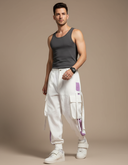 Pantalon Baggy Blanc Cargo Violet Ample Décontracté Homme - Molleton