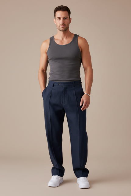Pantalon Baggy Bleu Marine Plissé Ample Homme - Lin