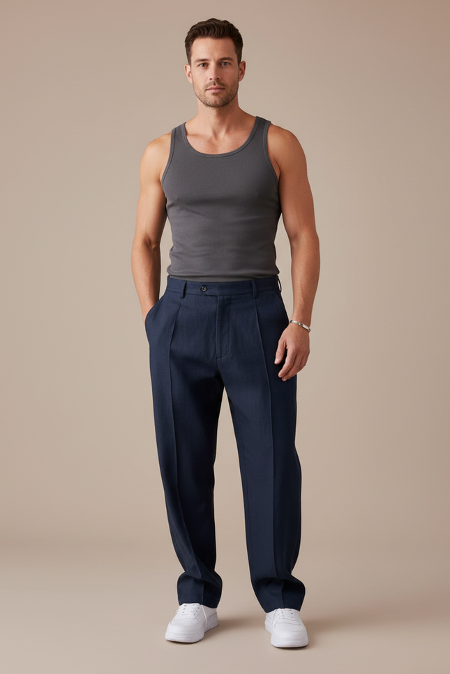 Pantalon Baggy Bleu Marine Plissé Ample Homme - Lin