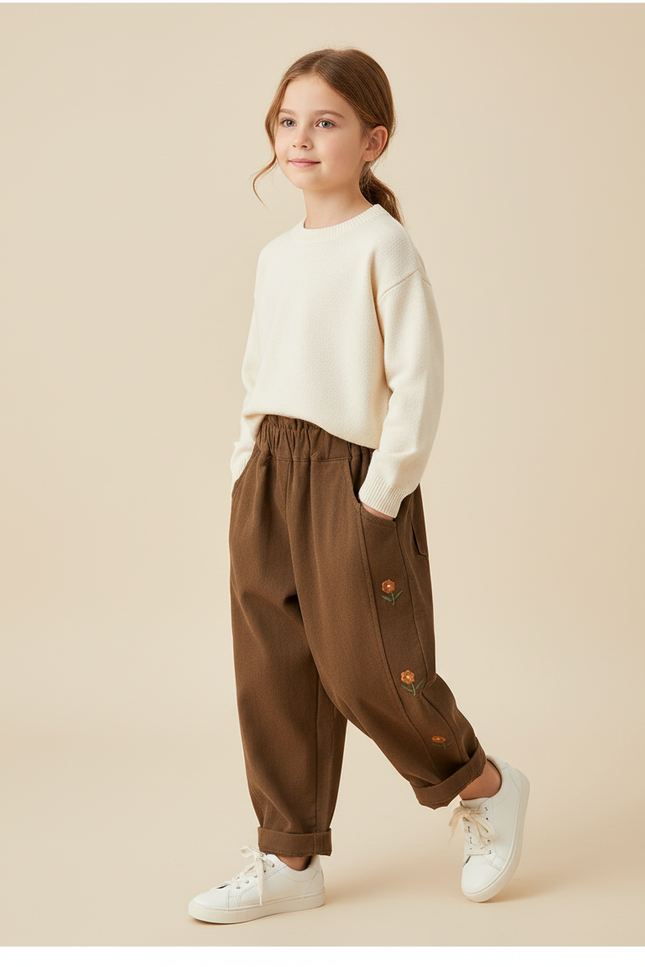 Pantalon Baggy Marron Coton Brodé Enfant Décontracté - Cordé