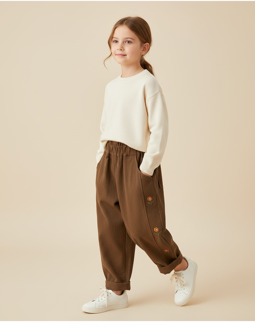 Pantalon Baggy Marron Coton Brodé Enfant Décontracté - Cordé