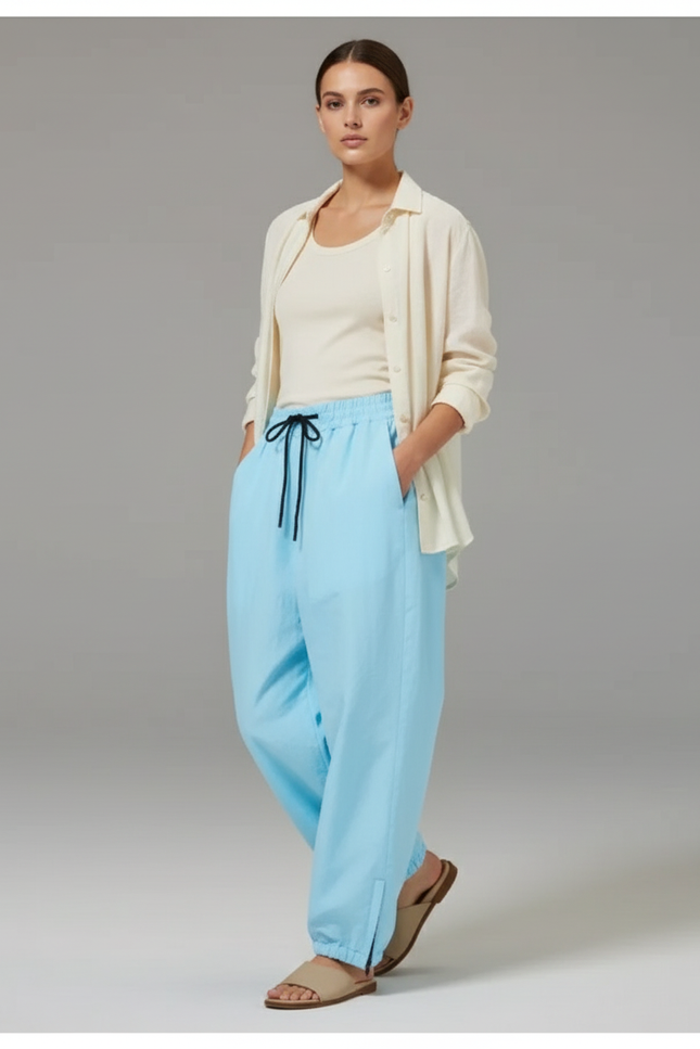 Pantalon Baggy Bleu Ciel Ample Fluide Décontracté Cordon - Polyester