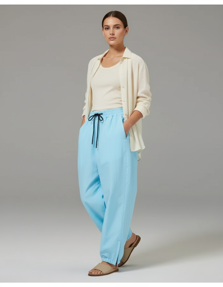 Pantalon Baggy Bleu Ciel Ample Fluide Décontracté Cordon - Polyester