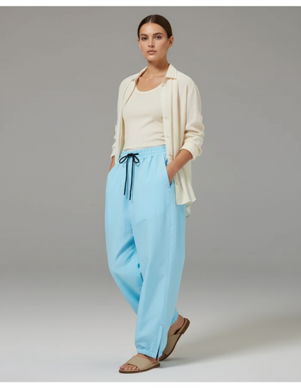 Pantalon Baggy Bleu Ciel Ample Fluide Décontracté Cordon - Polyester