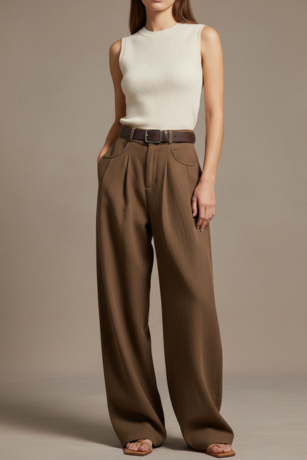 Pantalon Baggy Marron Ample Taille Haute Femme - Laine