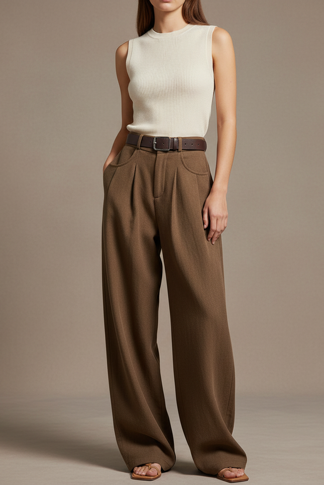 Pantalon Baggy Marron Ample Taille Haute Femme - Laine