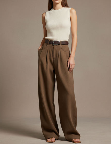 Pantalon Baggy Marron Ample Taille Haute Femme - Laine