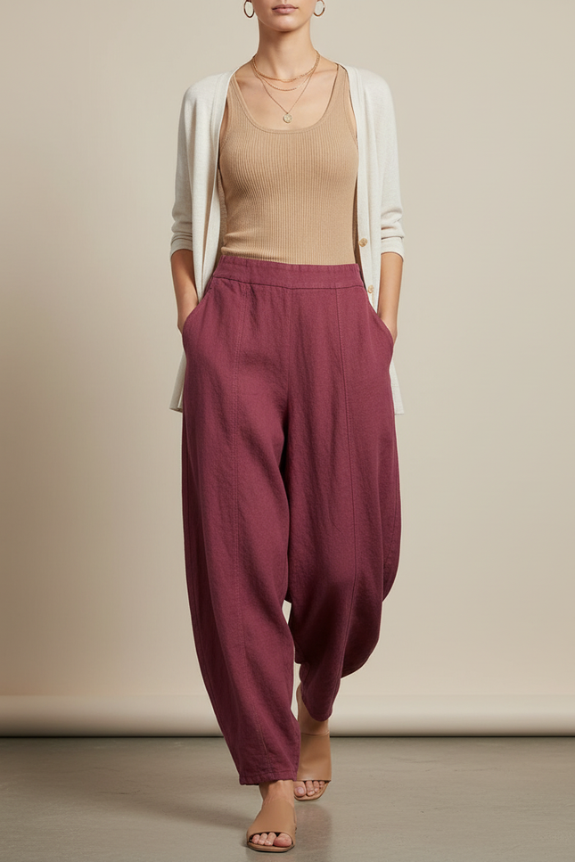 Pantalon Baggy Bordeaux Ample Lin Fluide Femme