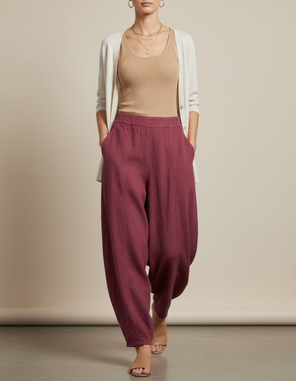 Pantalon Baggy Bordeaux Ample Lin Fluide Femme