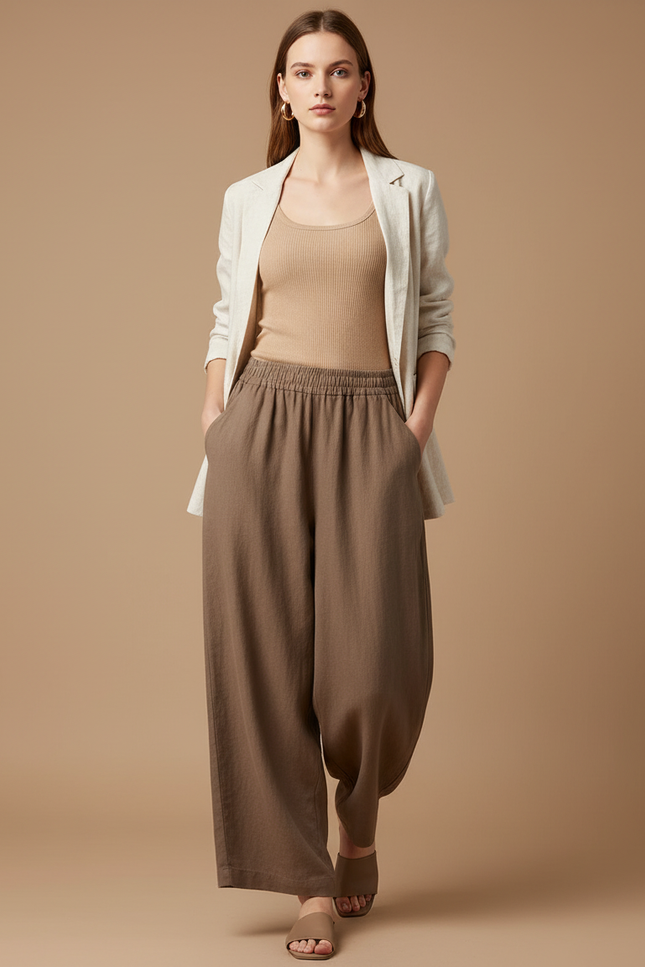 Pantalon Baggy Marron Lin Ample Fluide Décontracté