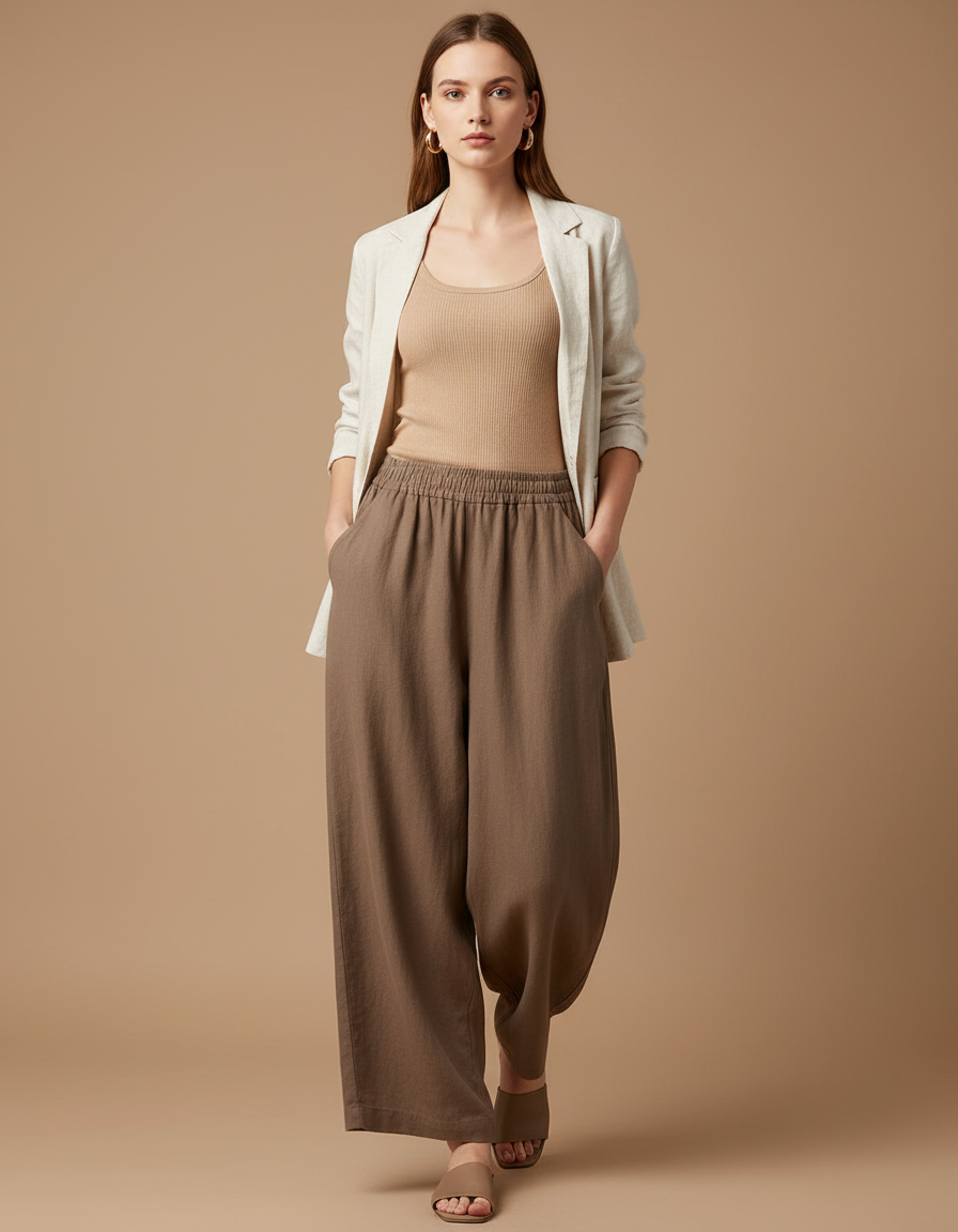 Pantalon Baggy Marron Lin Ample Fluide Décontracté