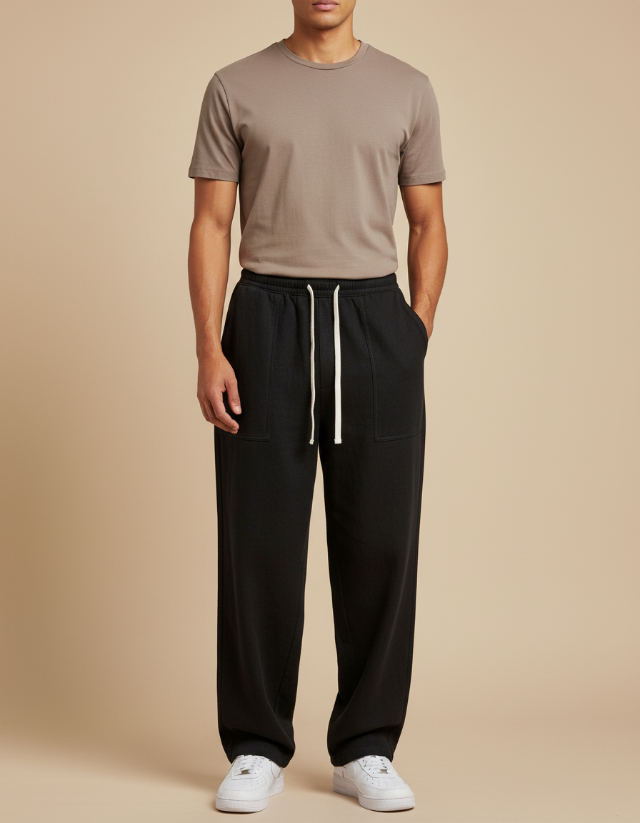 Pantalon Baggy Homme Noir Taille Élastique Coton - Molleton