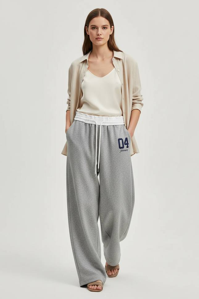 Pantalon Baggy Gris Sportif Ample Cordon Décontracté - Molleton
