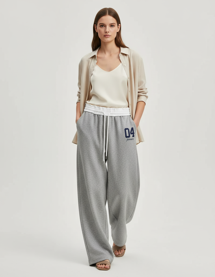 Pantalon Baggy Gris Sportif Ample Cordon Décontracté - Molleton