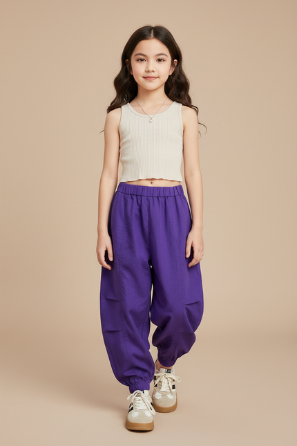 Pantalon Baggy Violet Ample Coton Fluide Fille