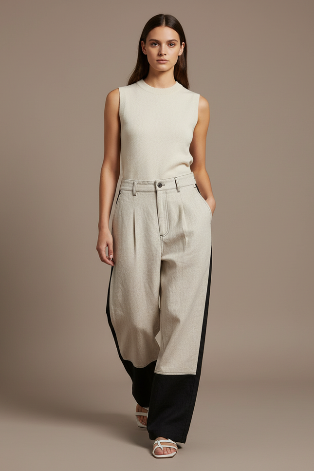 Pantalon Baggy Bicolore Beige Noir Décontracté Ample - Toile