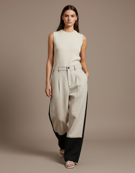 Pantalon Baggy Bicolore Beige Noir Décontracté Ample - Toile