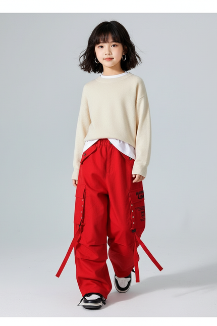 Pantalon Baggy Rouge Cargo Large Coton Enfants - Toile