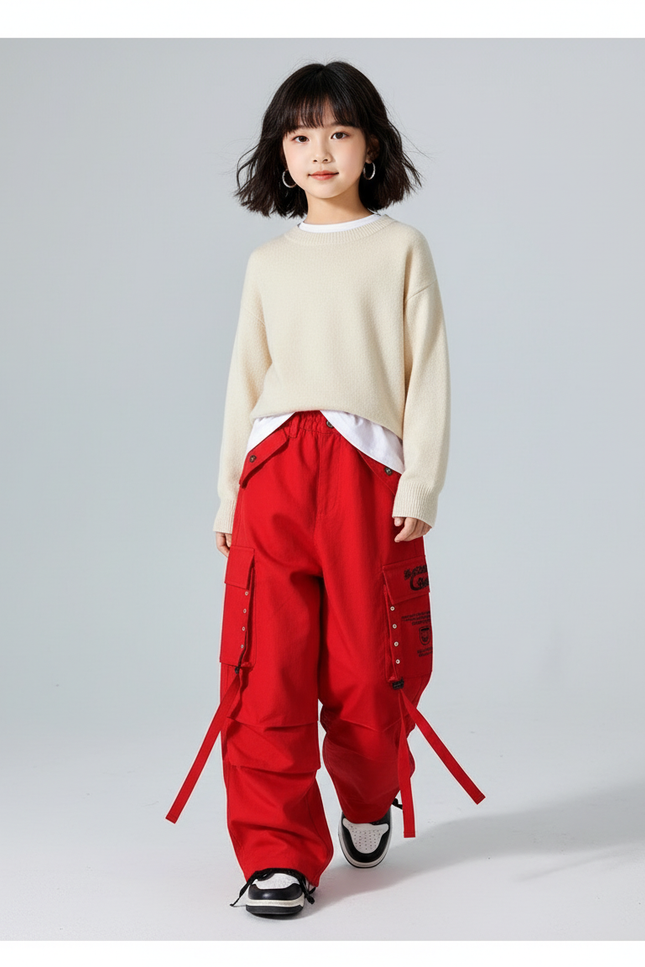 Pantalon Baggy Rouge Cargo Large Coton Enfants - Toile