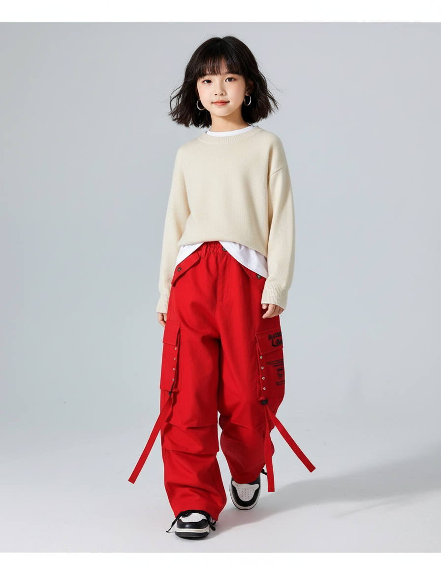 Pantalon Baggy Rouge Cargo Large Coton Enfants - Toile