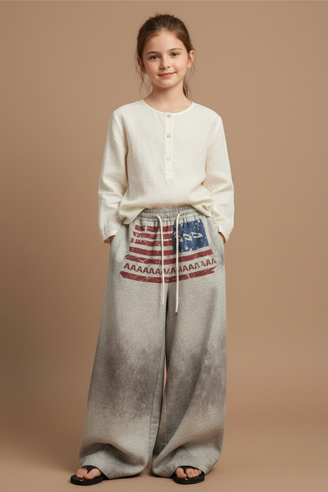 Pantalon Baggy Gris Ample Cordon Imprimé Américain - Molleton