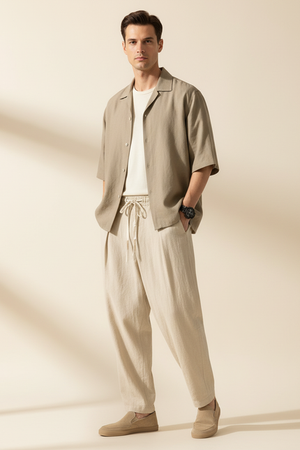 Pantalon Baggy Lin Beige Ample Cordon Décontracté Homme